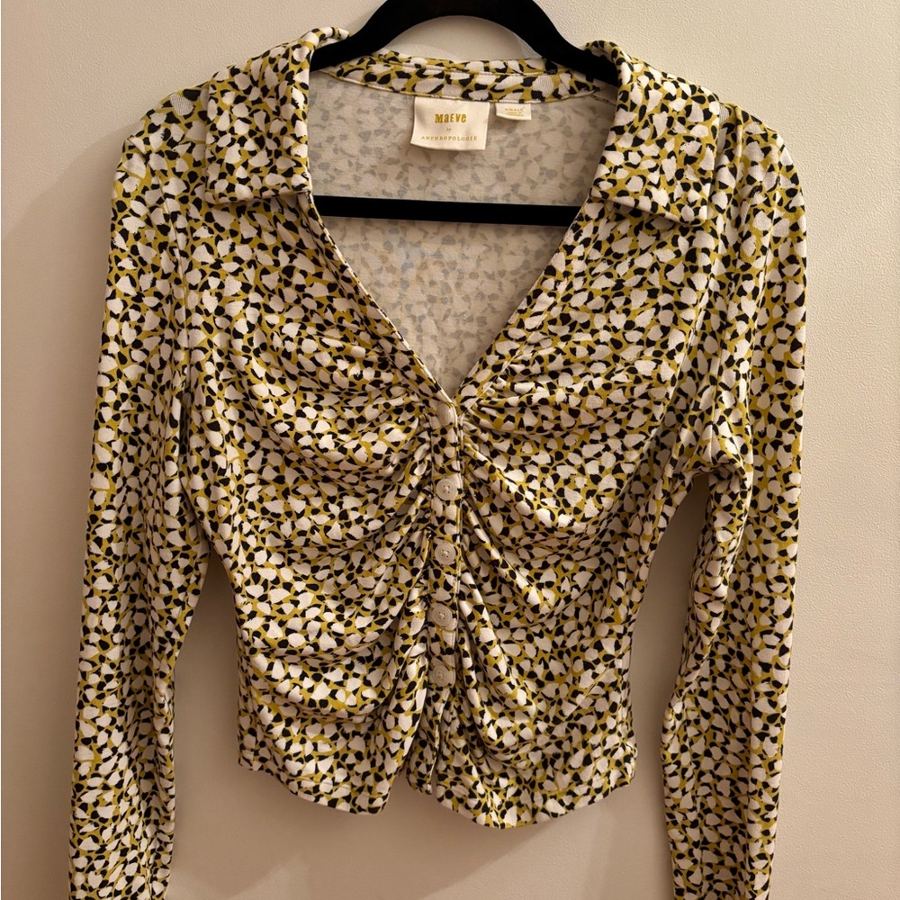 Anthropologie Maeve Yellow and Black Patterned Blouse Scrunched Detail